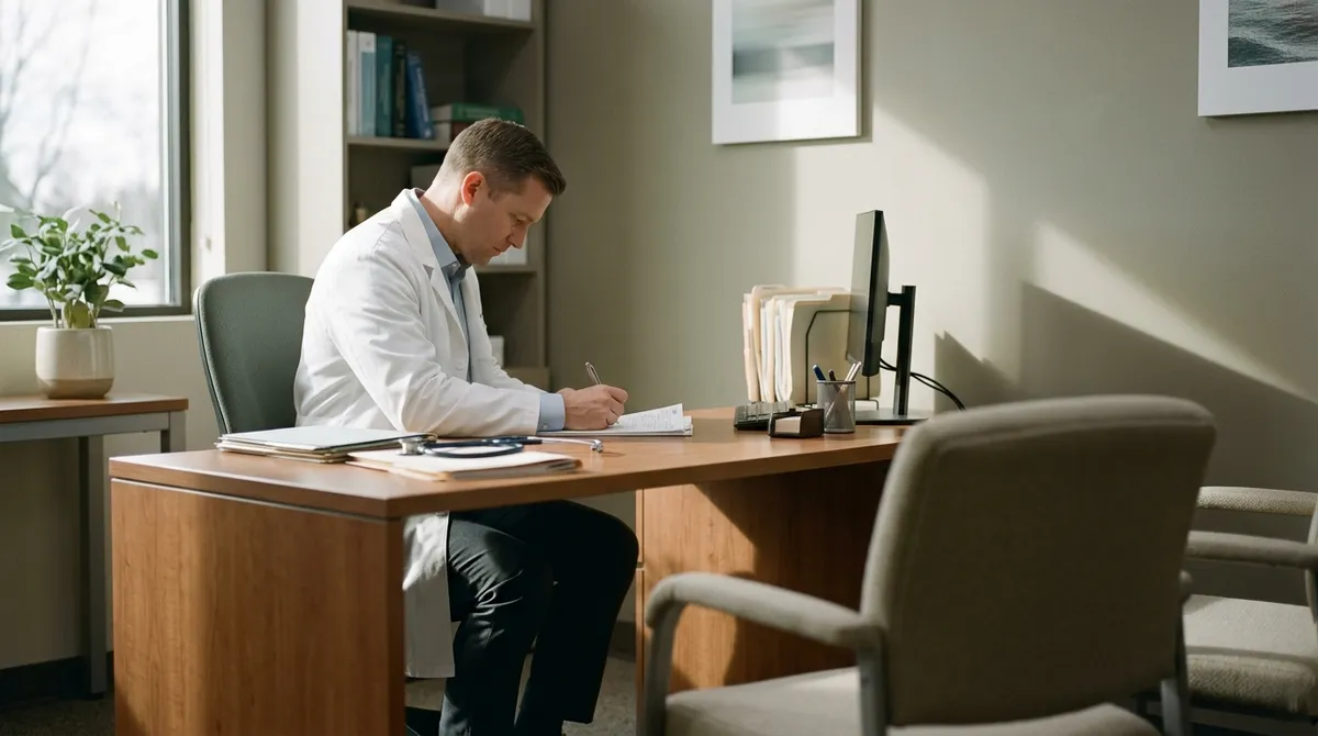 Médecin oncologue rédigeant des notes dans son cabinet de consultation